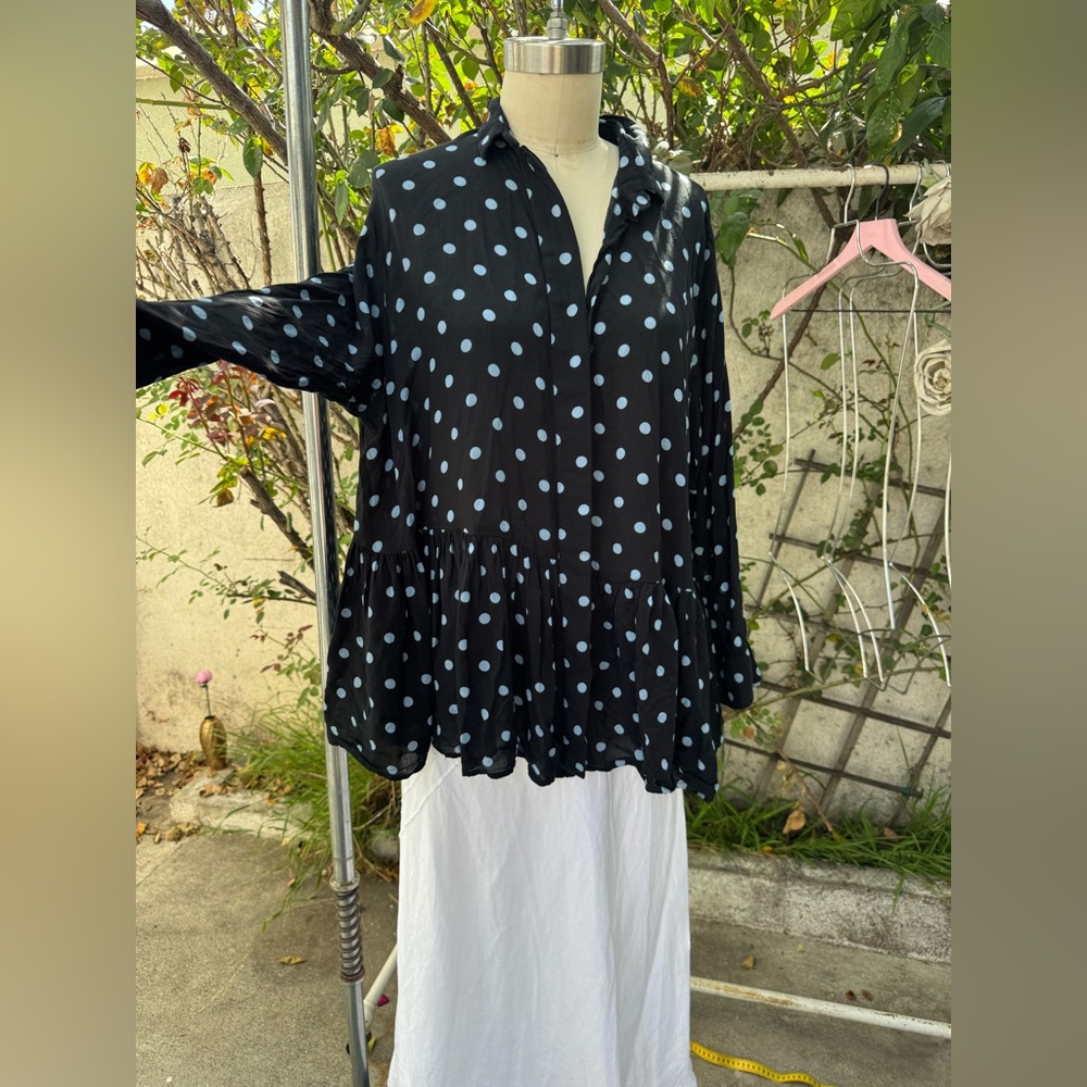 Black and Light Blue Polka Dot Peplum Blouse